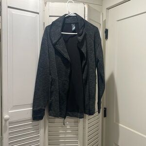 Grey, Champion, light jacket.  Could be worn with workout clothes.